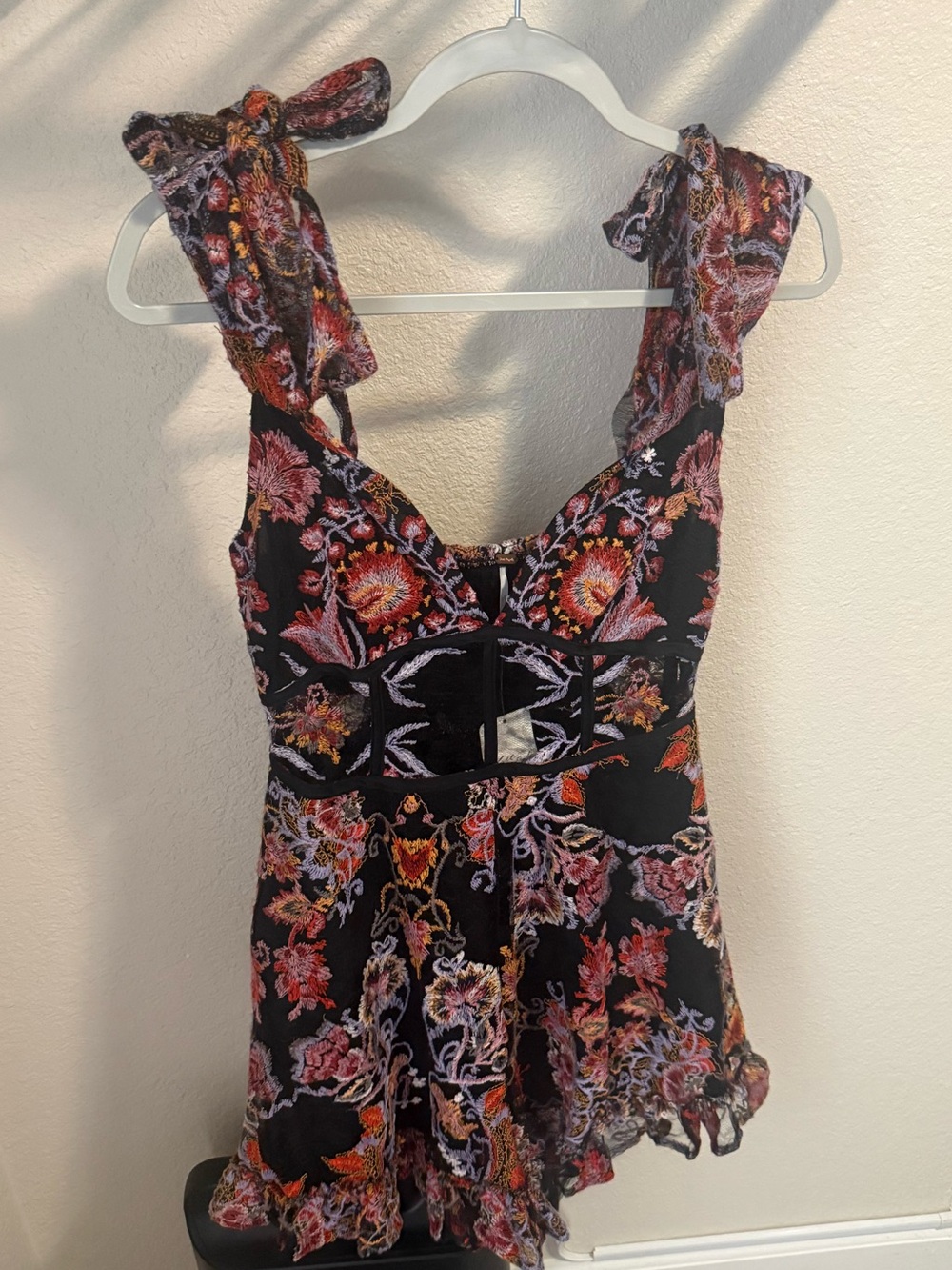 Free People NWT Embroidered Tie Strap Romper Black Pink Floral Cutout - Size Med